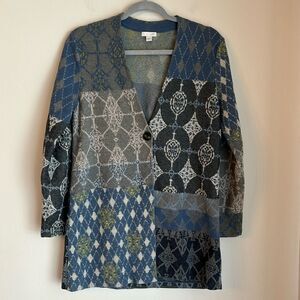 J. Jill Women Patchwork open cardigan duster argyle long sweater blue gray Small